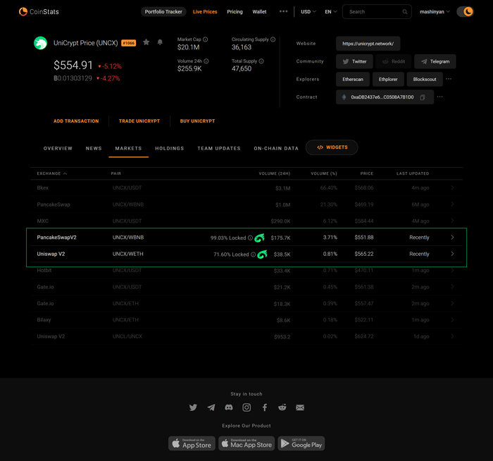 Users can track UniCrypt LP locks from CoinStats in real-time