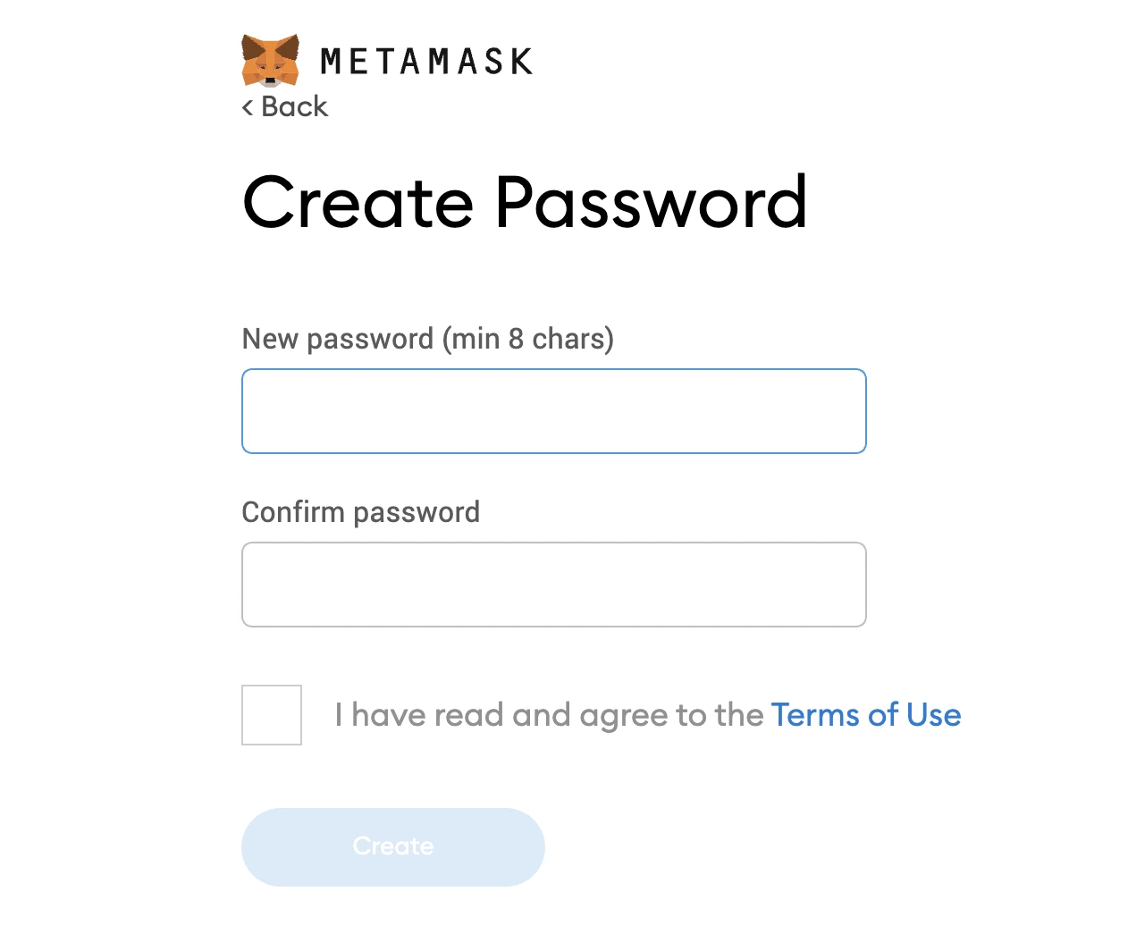 Create password on MetaMask