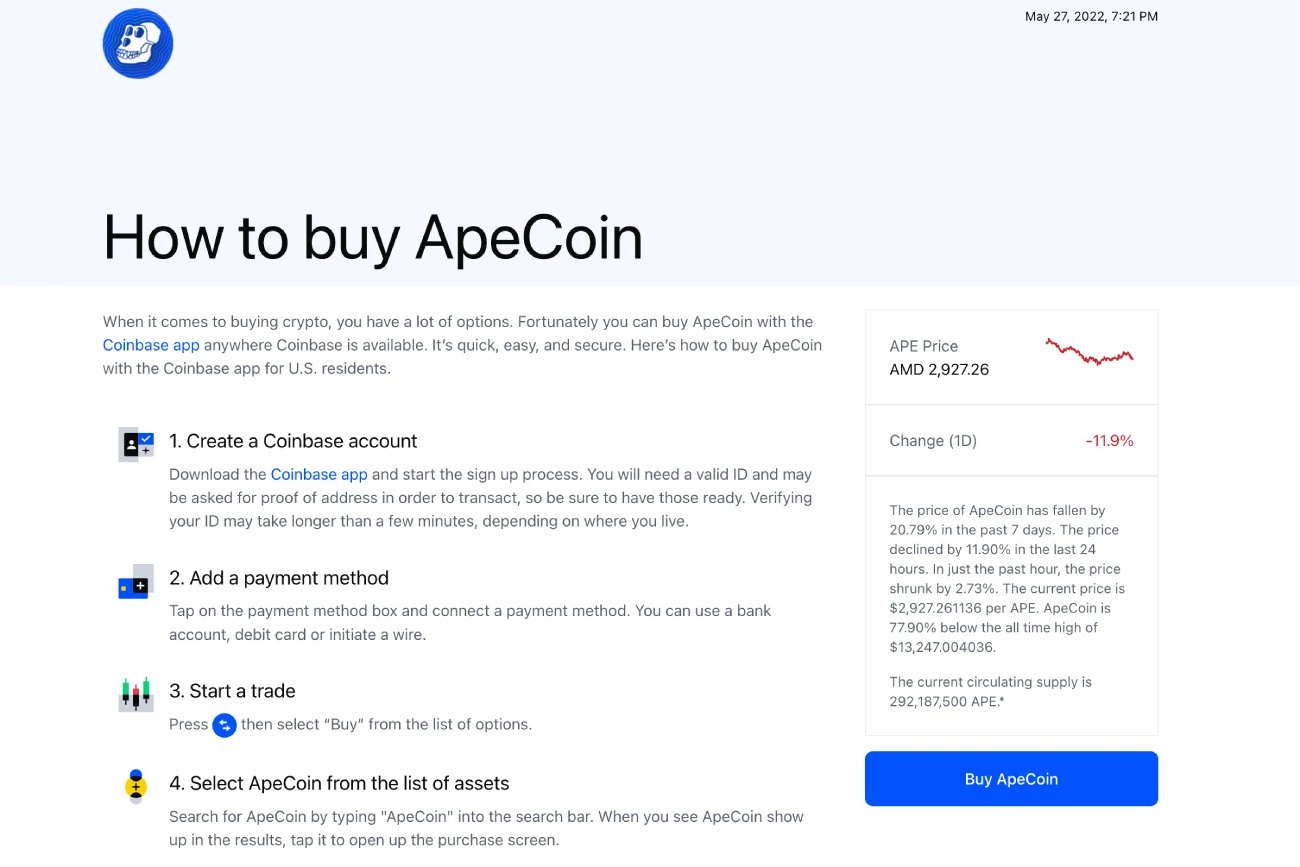 how to buy ApeCoin on Coinbase