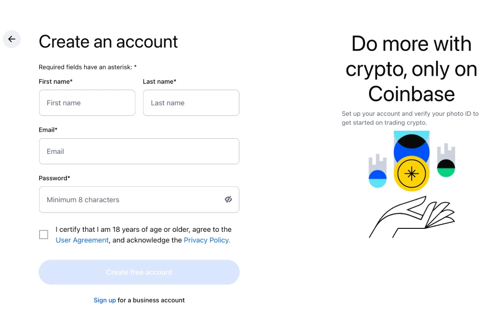 Coinbase sign up page