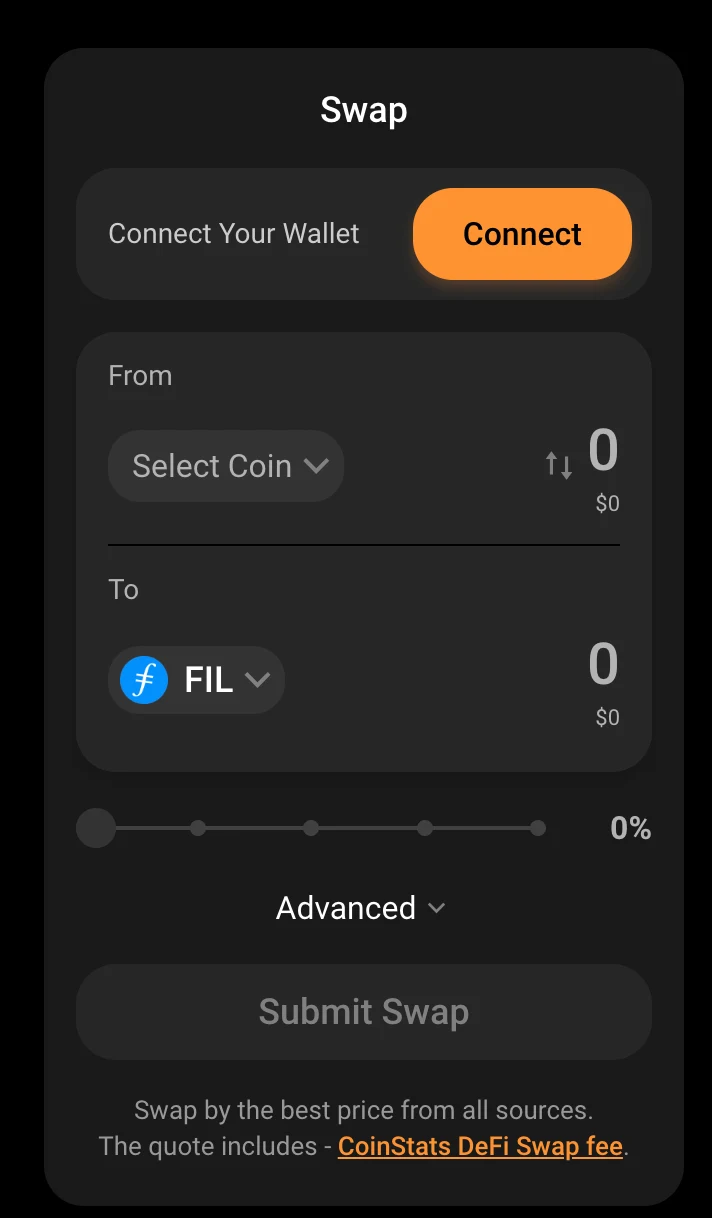 Connect your wallet to swap Filecoin