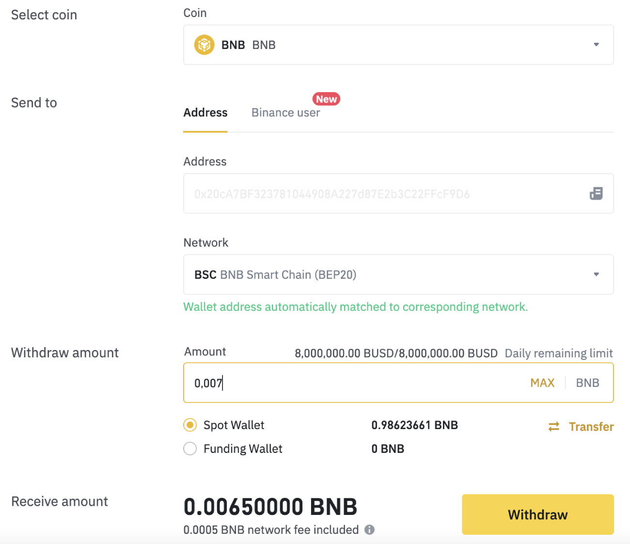 BNB transfer on Binance