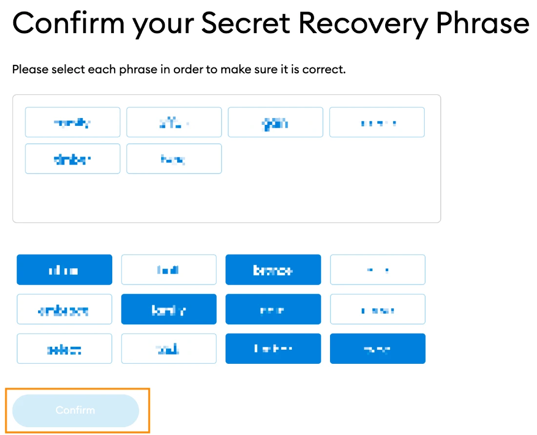 Confirm your secret recovery phrase
