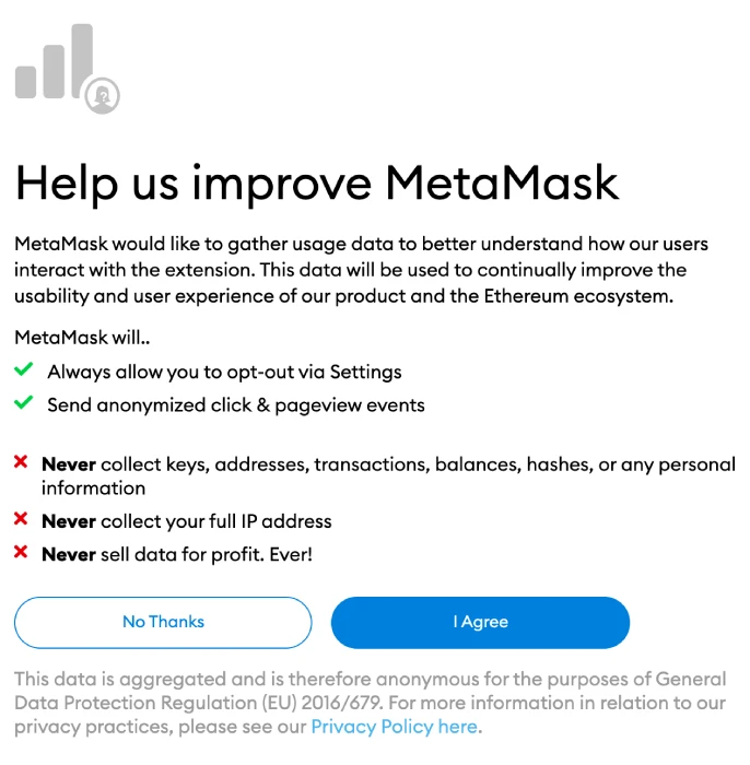 Approve or disagree to allow anonymous information to MetaMask