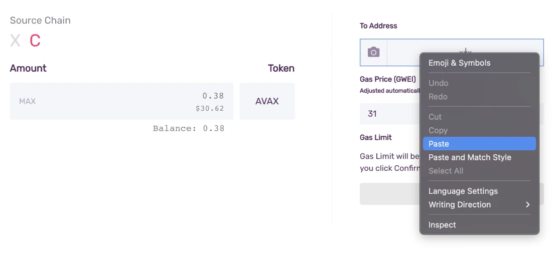 Paste the copied address on Avalanche wallet