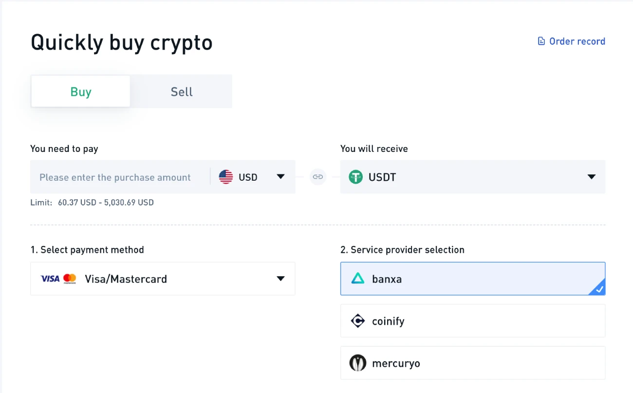 Buy crypto page on Bibox