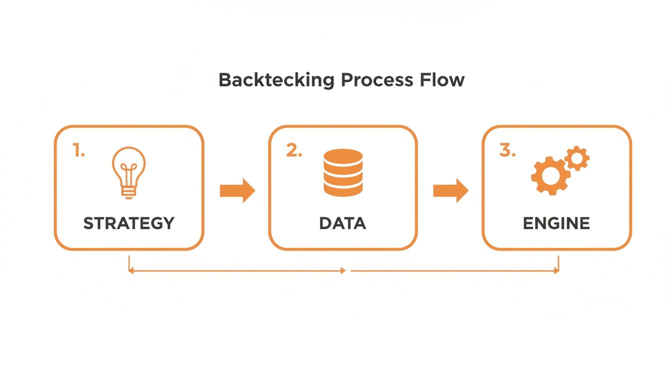 A diagram outlining the backtesting process flow, showing strategy, data, and engine steps in a cycle.