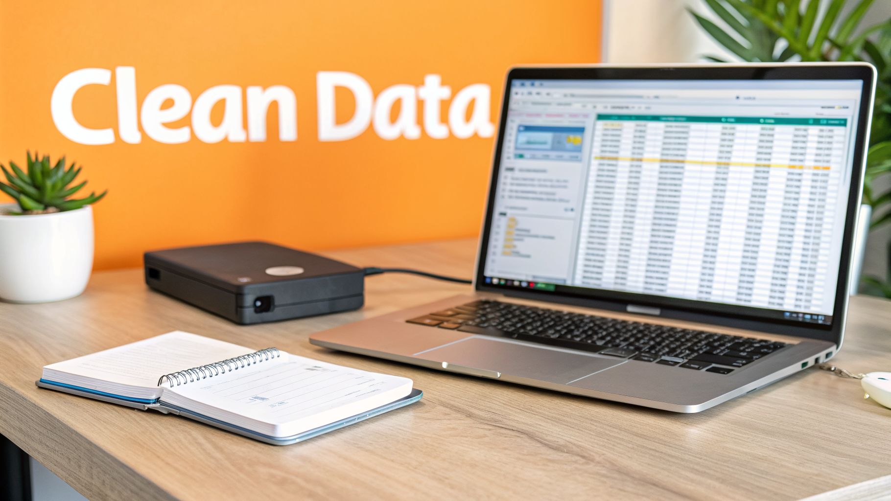 A laptop displaying data analysis software, an external hard drive, and a notebook on a desk with a 'Clean Data' sign.