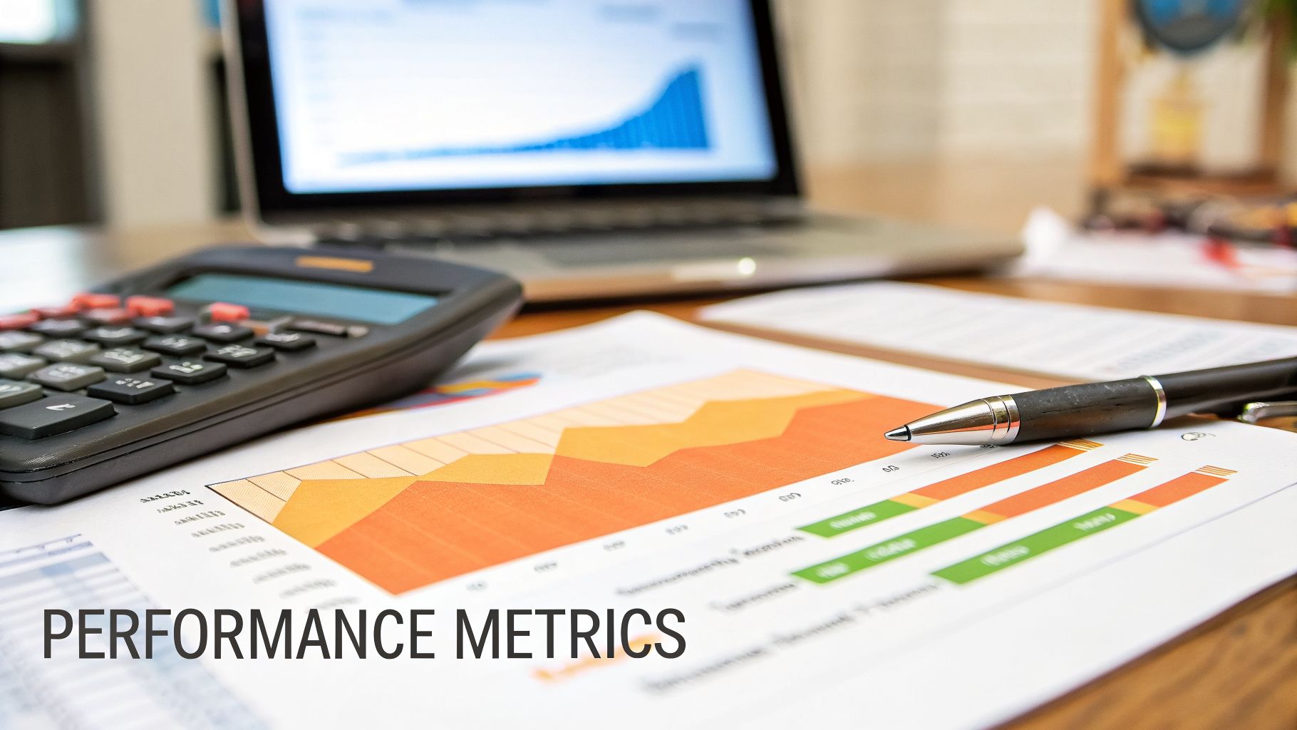 A desk with a calculator, pen, paper charts, and a laptop displaying financial performance metrics.