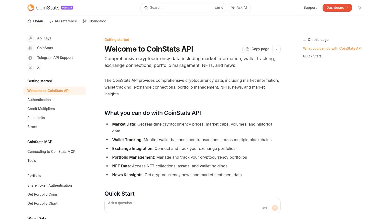 Screenshot of the CoinStats API documentation homepage showing its clean interface and navigation.
