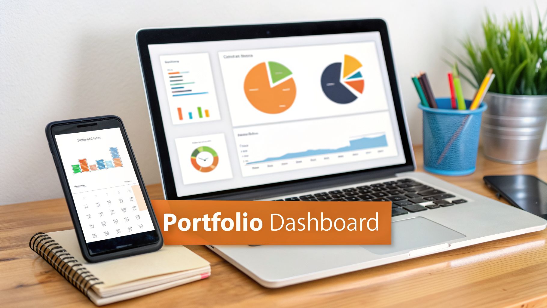 A laptop and smartphone displaying a portfolio dashboard with charts and graphs on a wooden desk.