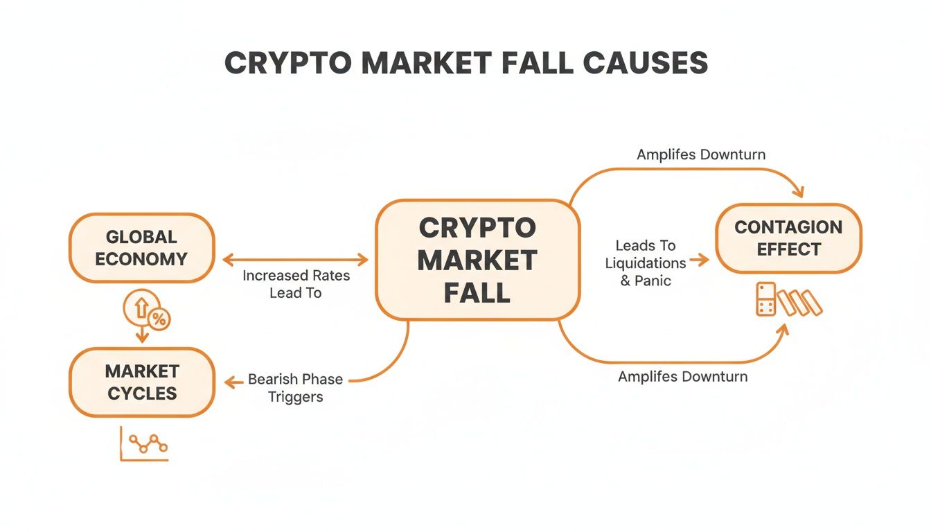 A diagram illustrating the causes and effects of a crypto market fall, linking global economy, market cycles, and contagion.