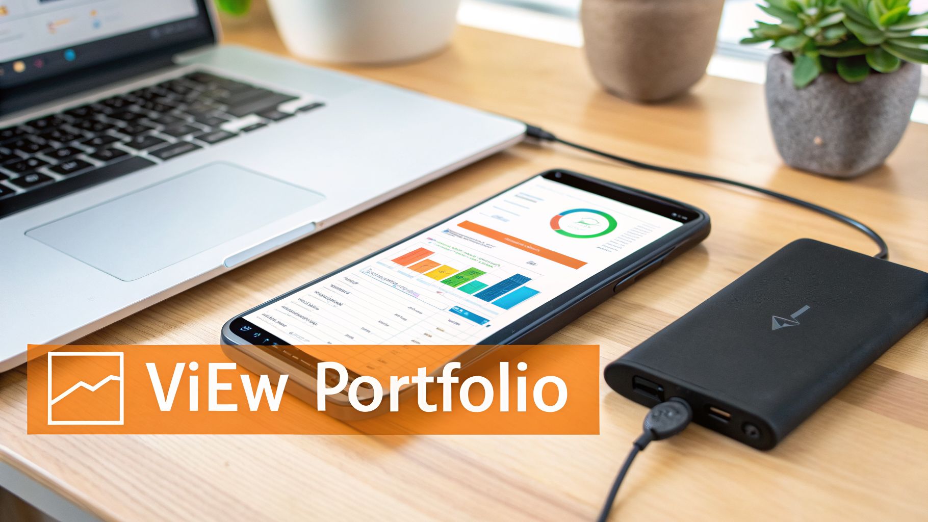 A workspace with a laptop, smartphone displaying a crypto portfolio, and a hardware wallet charging the phone.