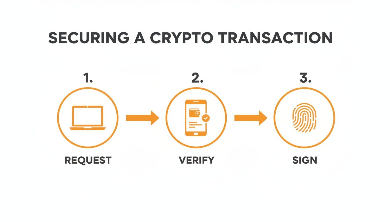 A three-step infographic illustrating how to secure a crypto transaction: request, verify, and sign.