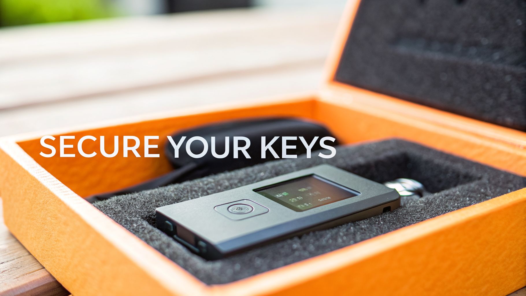 A gray hardware crypto wallet device rests in an orange box with foam padding, displaying 'SECURE YOUR KEYS' text.