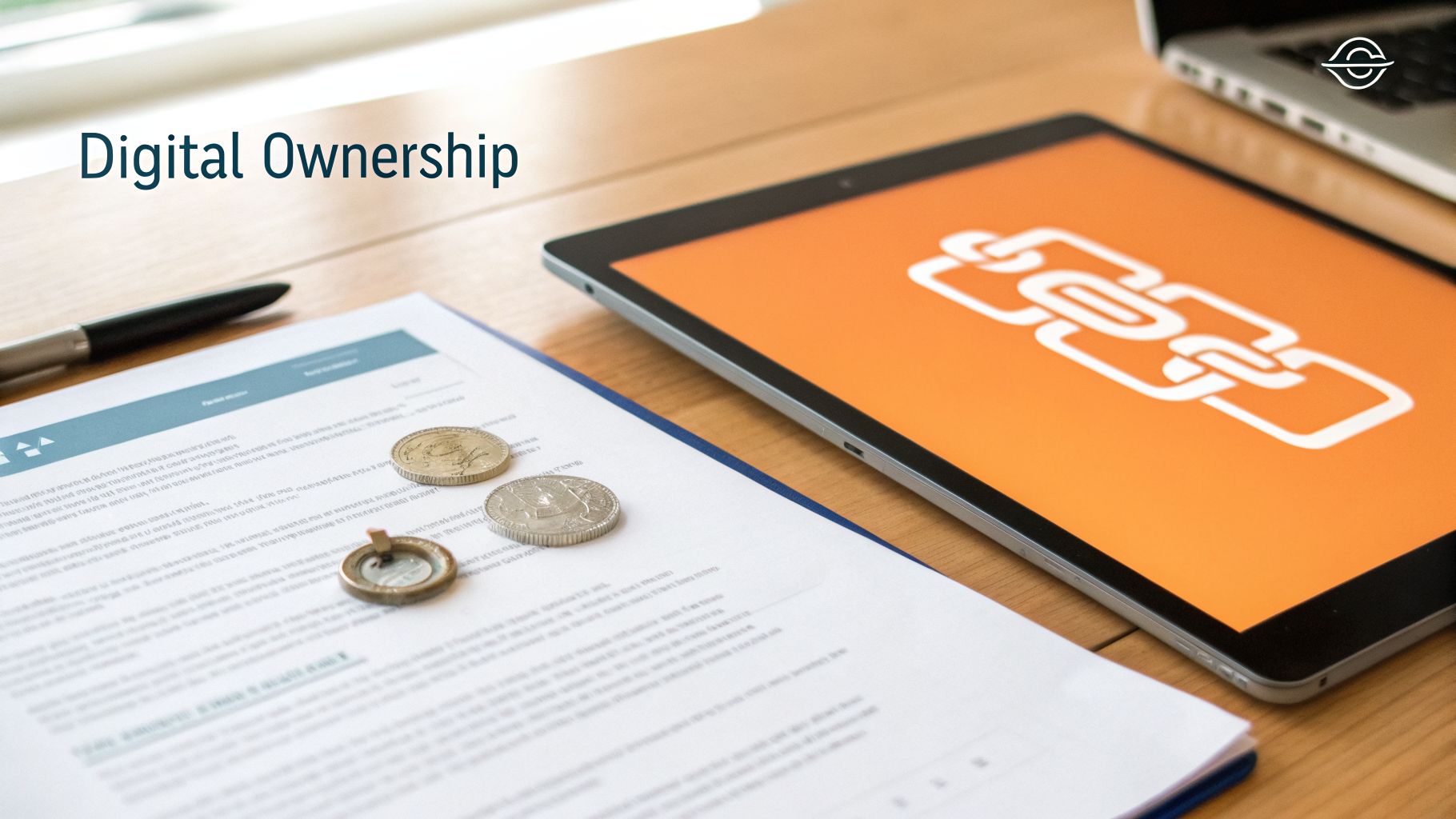 A tablet with a blockchain icon, documents, coins, and a pen on a desk, representing digital ownership.