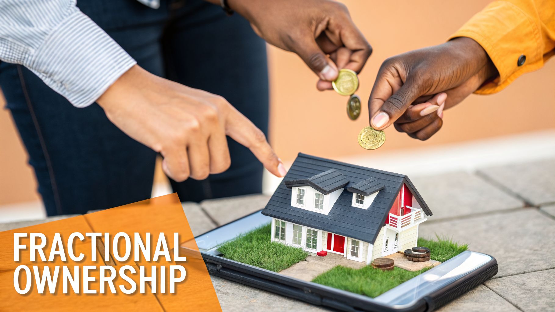 Two hands interact with a miniature house on a tablet, with coins falling, representing fractional ownership.