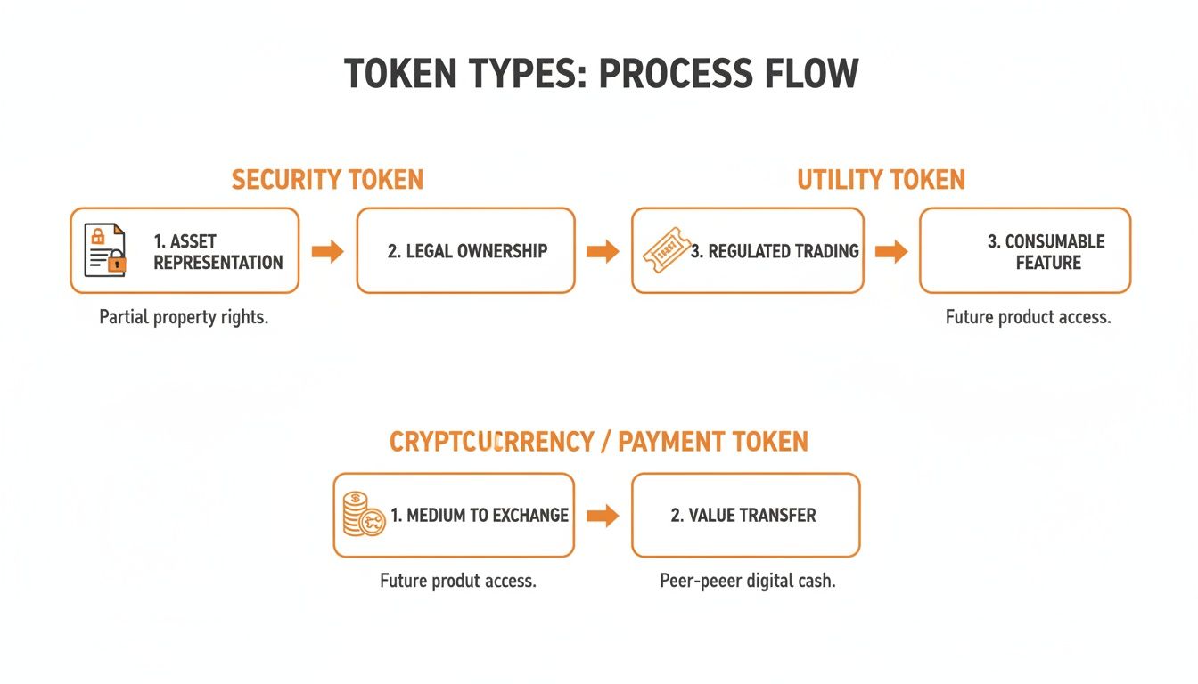 Flowchart illustrating the process and characteristics of security tokens, utility tokens, and payment tokens.