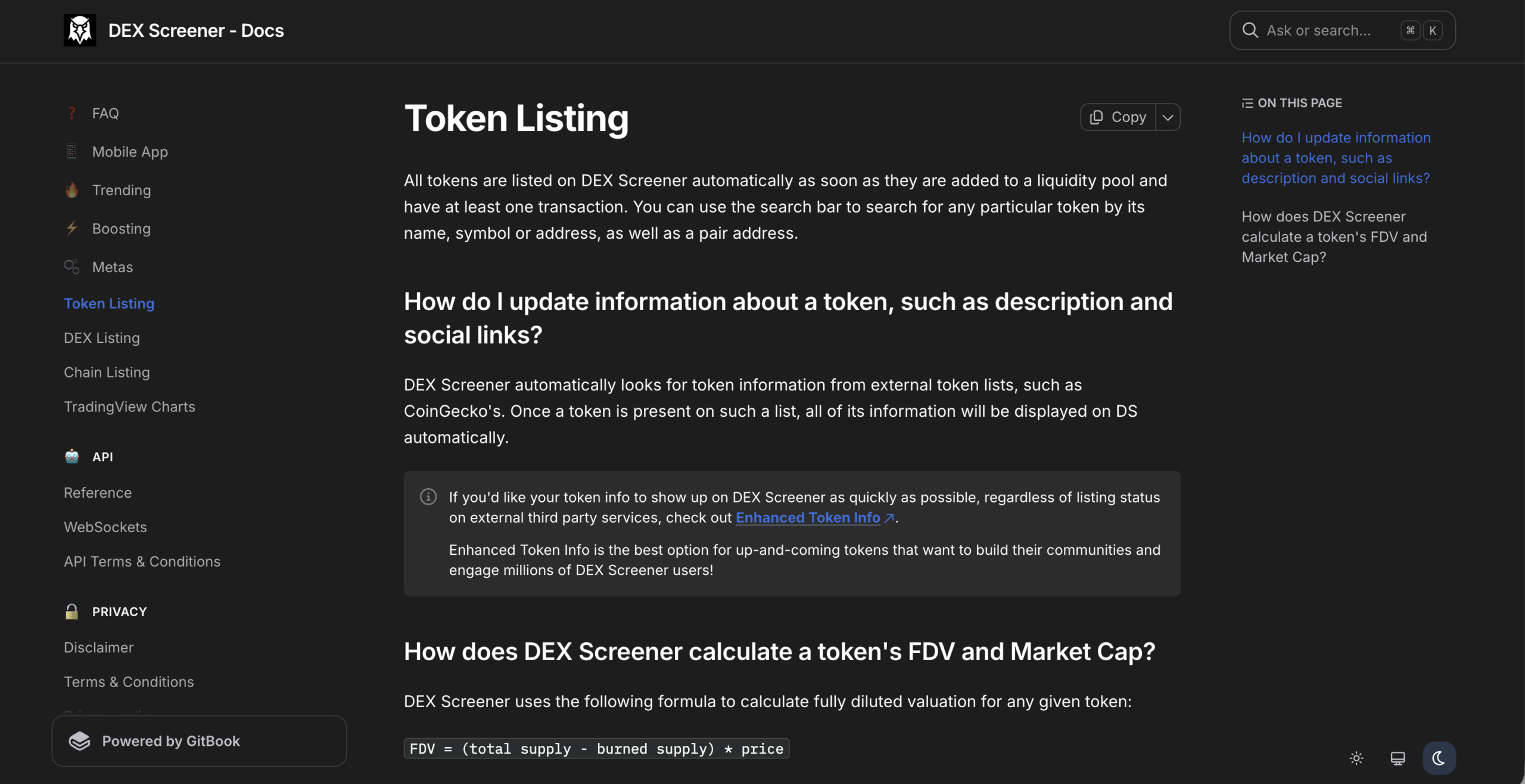 DEX Screener documentation Token Listing page