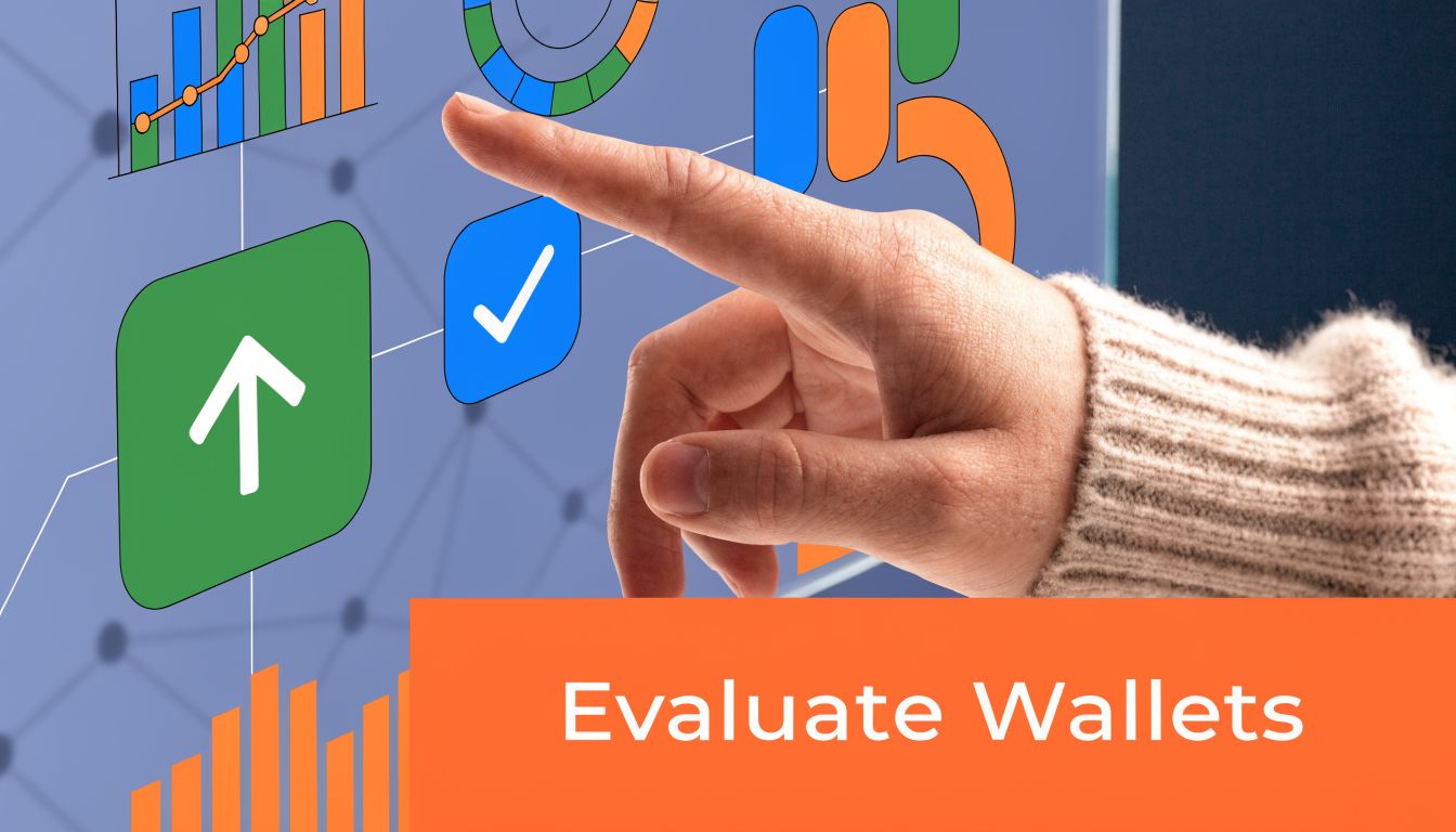 A hand touching a digital screen displaying various financial charts and icons representing wallet evaluation.