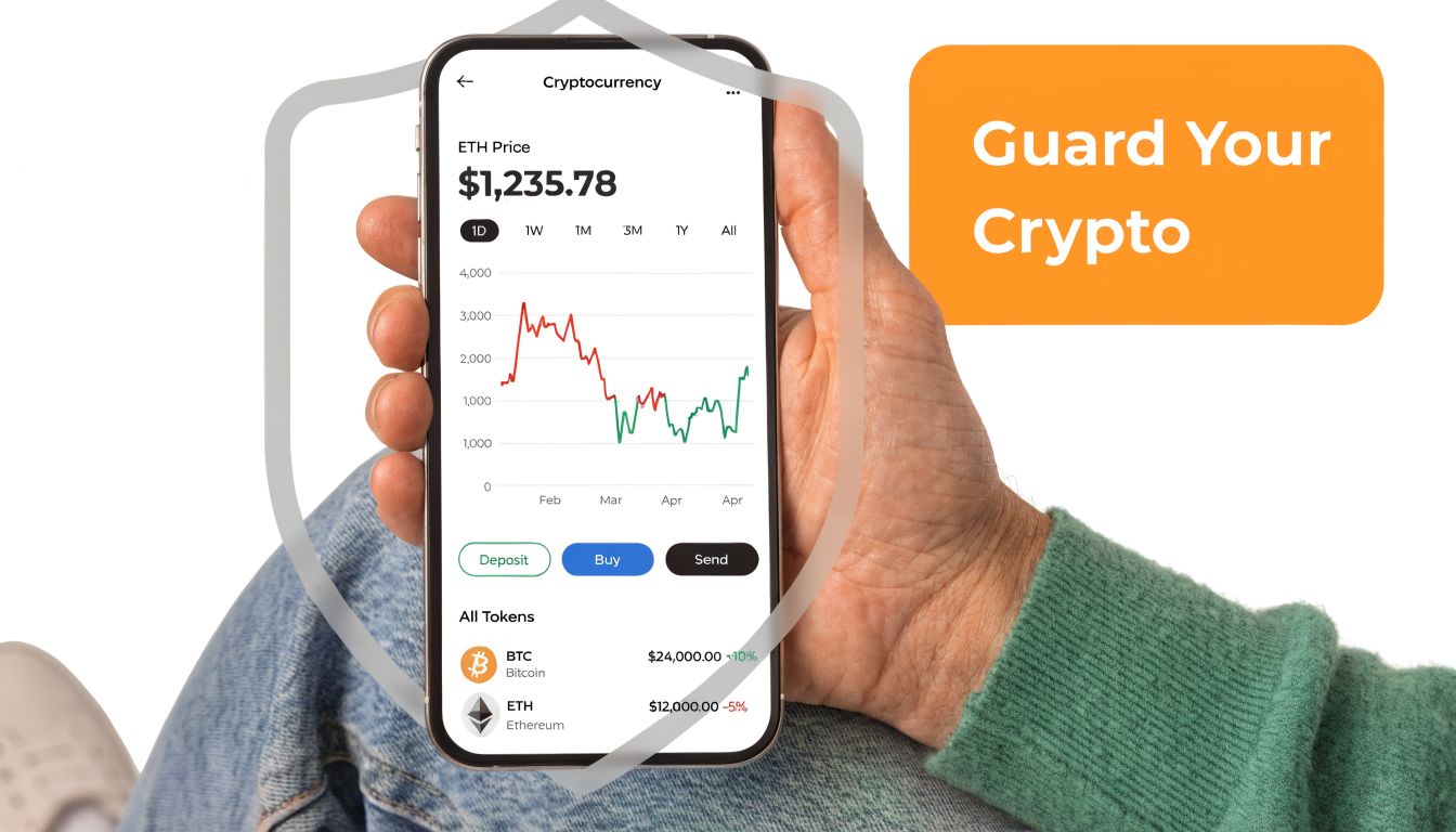 A hand holding a smartphone displaying a cryptocurrency portfolio app with a secure shield graphic overlay.