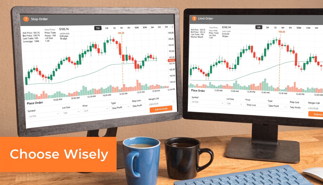 Two computer monitors displaying stock market trading charts, stop order, and limit order interfaces on a desk.