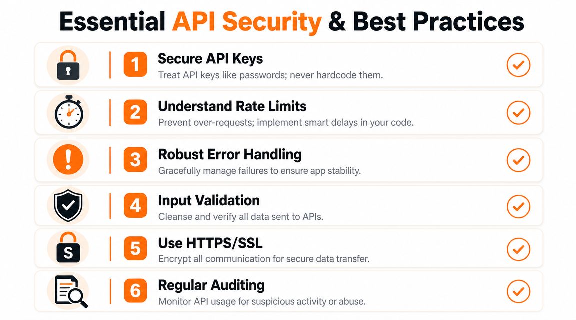 An infographic list outlining six essential API security practices for developers, including authentication, rate limiting, and encryption.