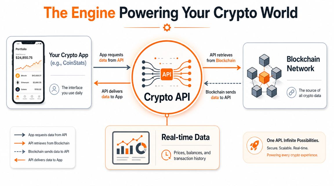 A diagram illustrating how a crypto API facilitates data transfer between crypto apps and blockchain networks.