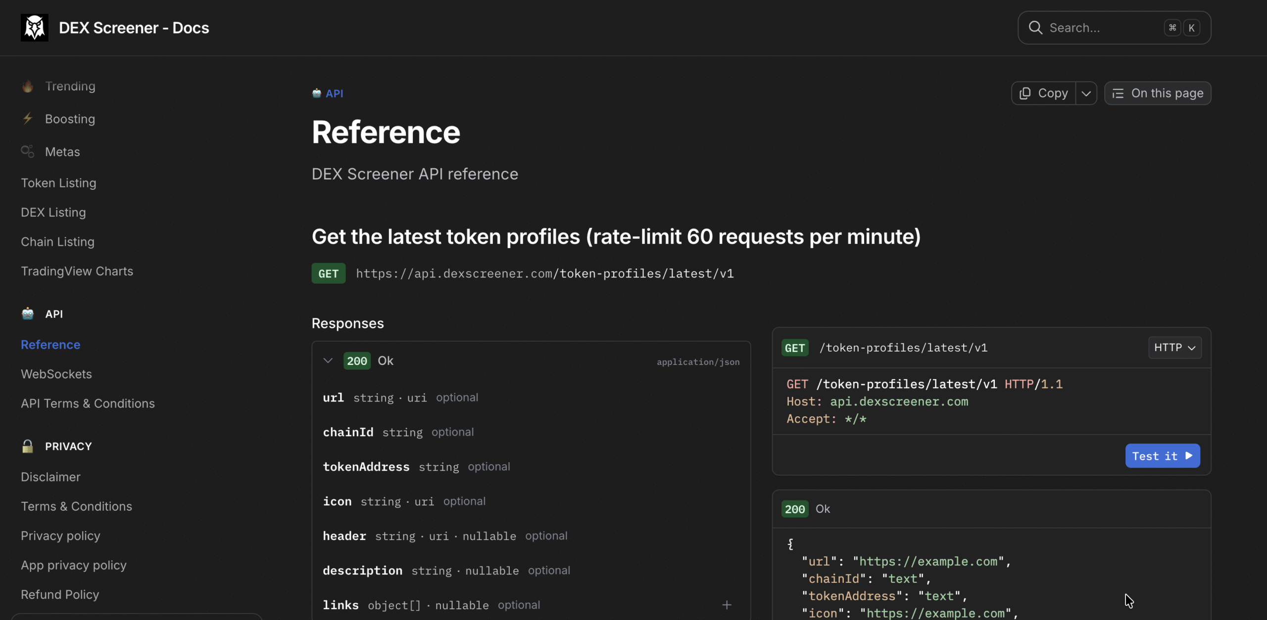 DexScreener API reference documentation