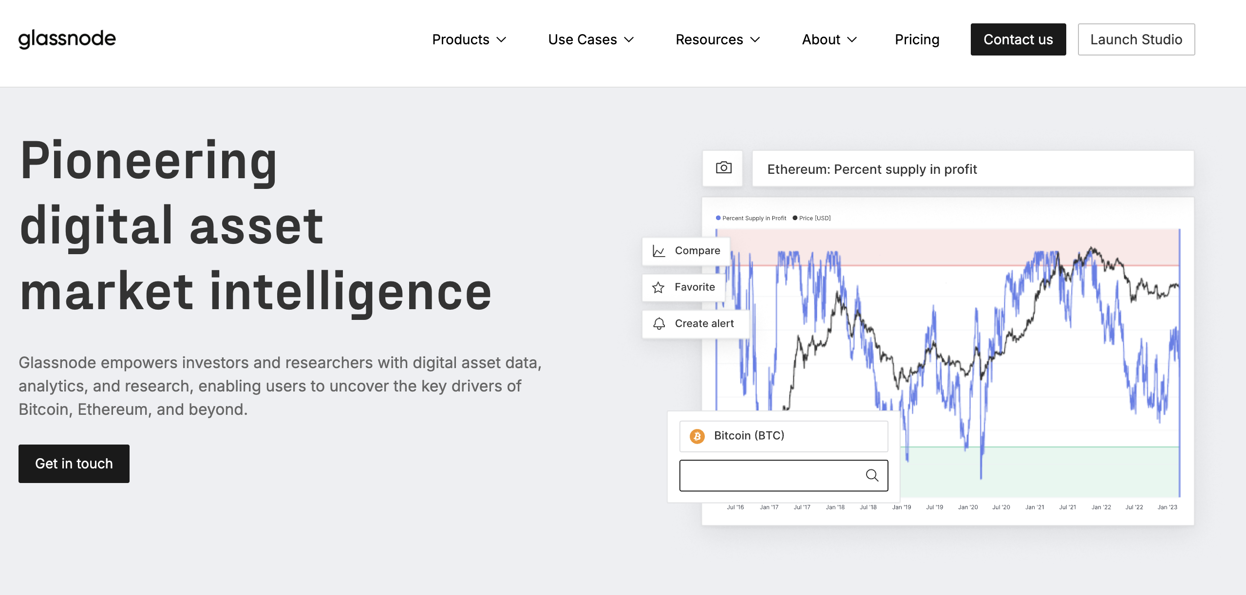 Glassnode digital asset market intelligence homepage