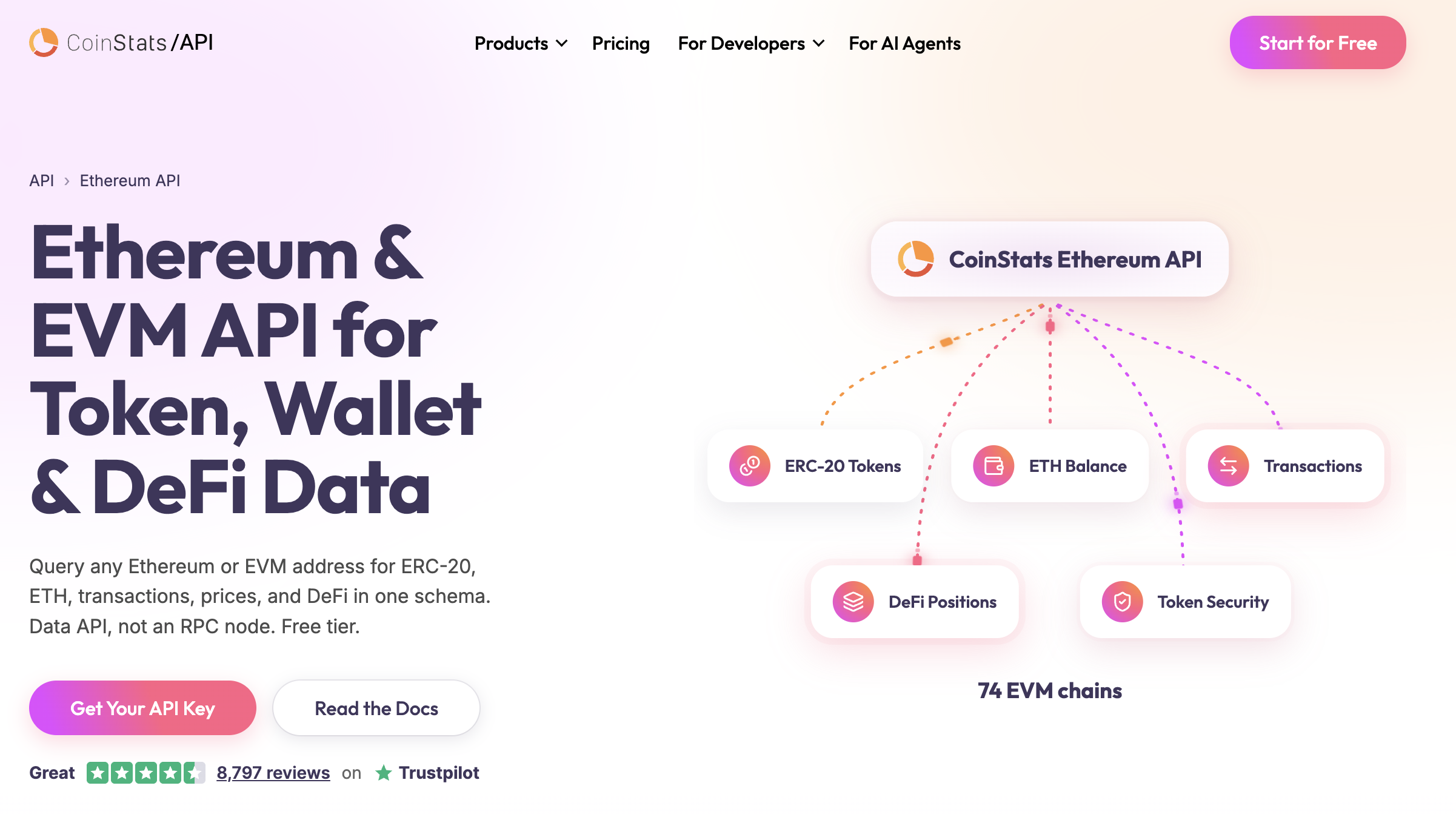 CoinStats Ethereum API dashboard showing wallet balances, DeFi positions and prices