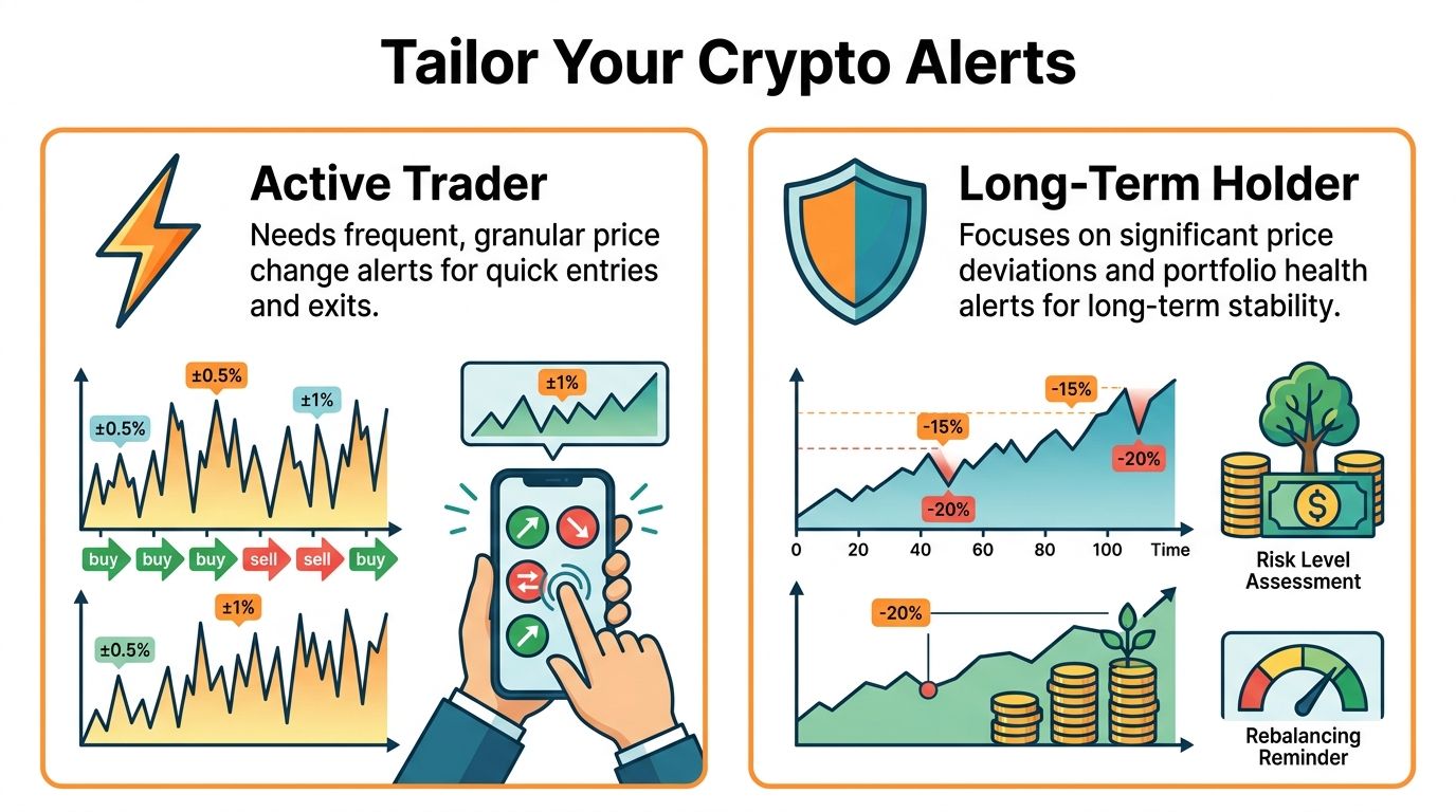 An infographic comparing crypto alert strategies for active traders versus long-term holders using charts and icons.
