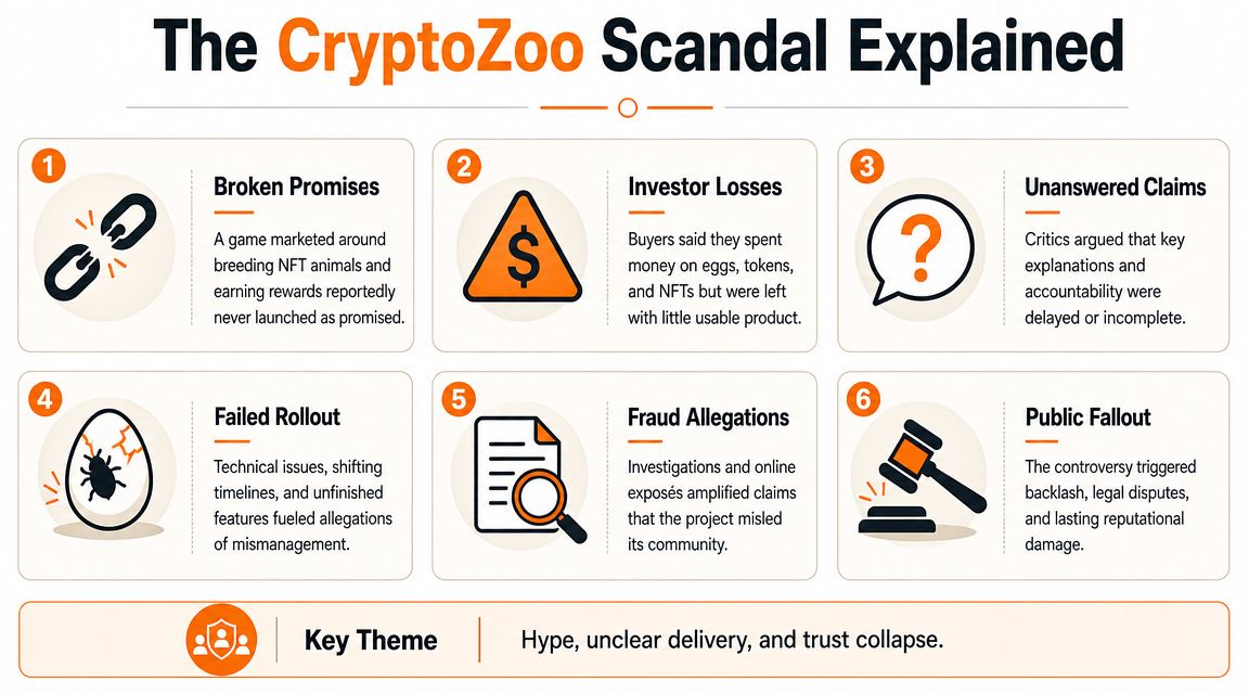An infographic titled The CryptoZoo Scandal Explained detailing the project's failed promises, investor losses, and fraud allegations.