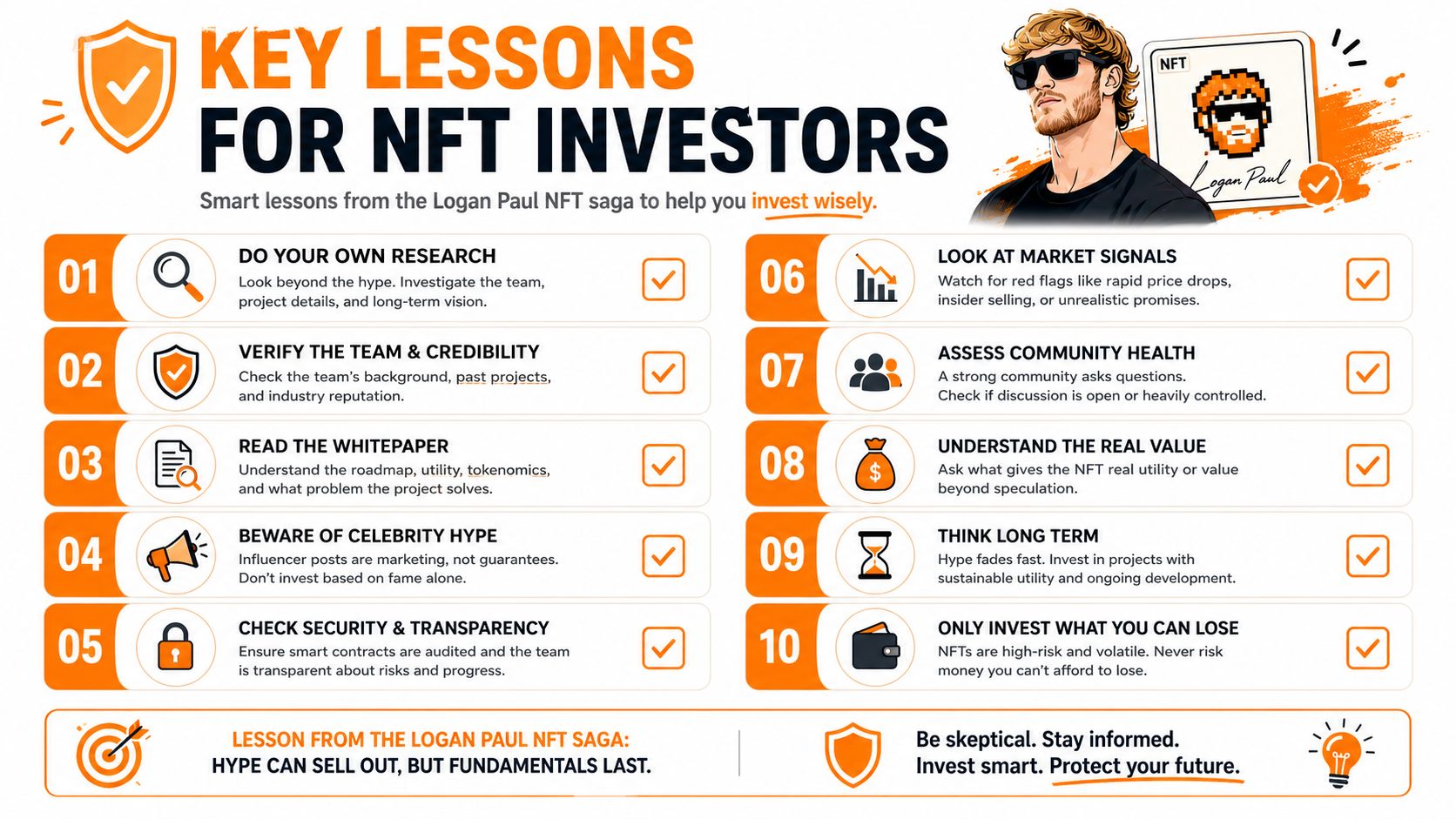 An infographic titled Key Lessons for NFT Investors outlining ten essential tips for smart and safe investing.