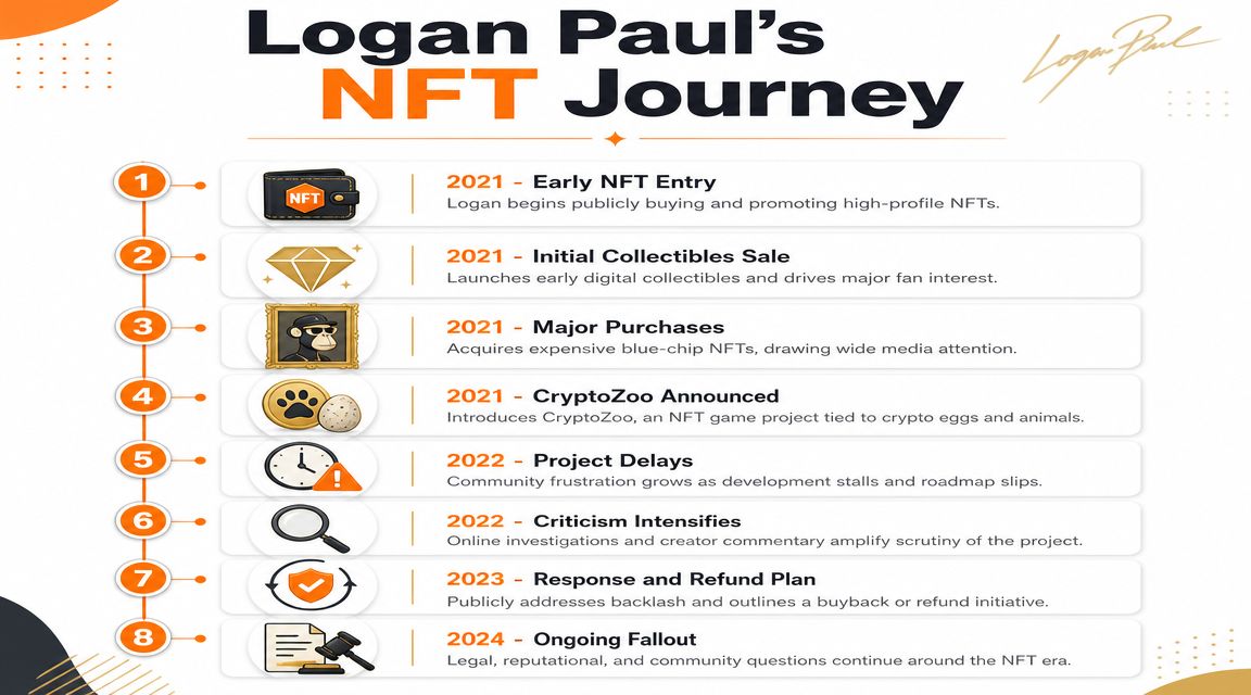 A timeline infographic illustrating the chronological progression and controversy surrounding Logan Paul's NFT projects from 2021 to 2024.