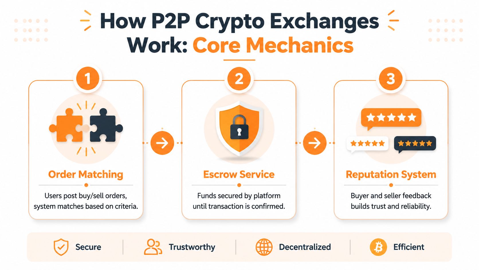 A diagram illustrating the three core mechanics of a P2P crypto exchange: order matching, escrow services, and reputation.