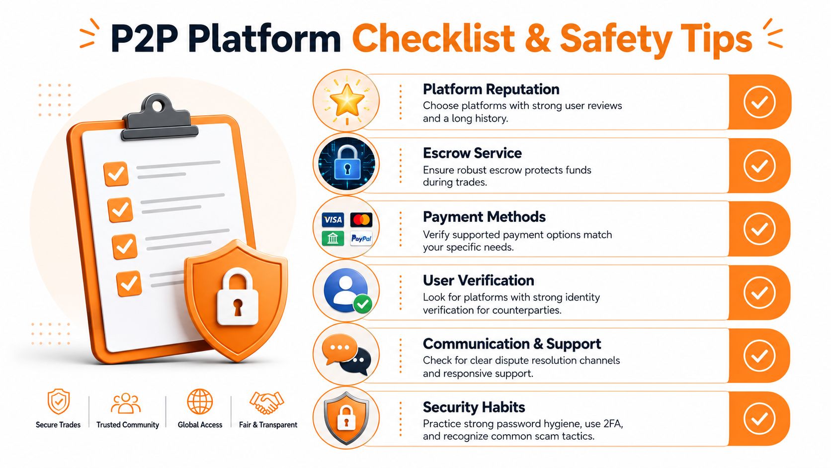 A checklist infographic illustrating key safety tips for selecting and using a secure P2P crypto exchange platform.