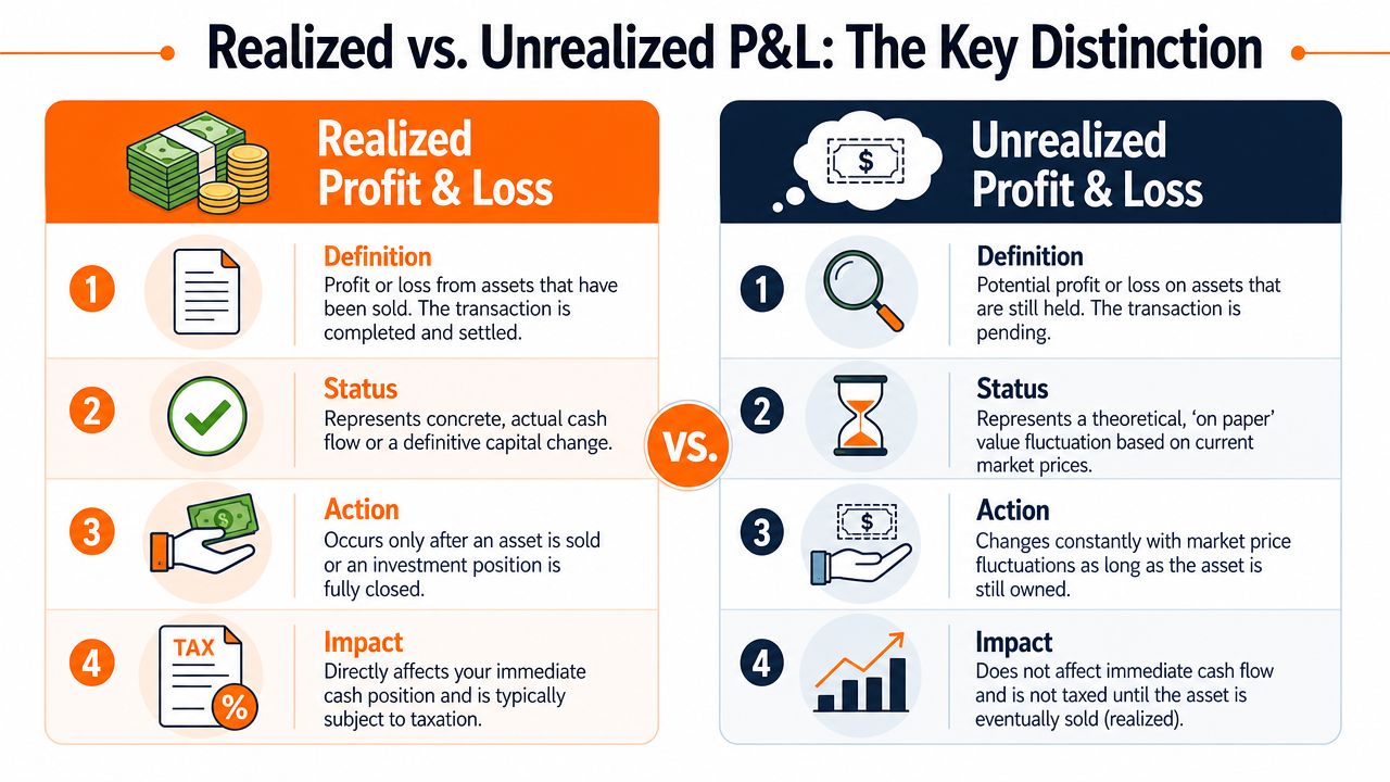 A comparison chart explaining the key differences between realized and unrealized profit and loss in investing.