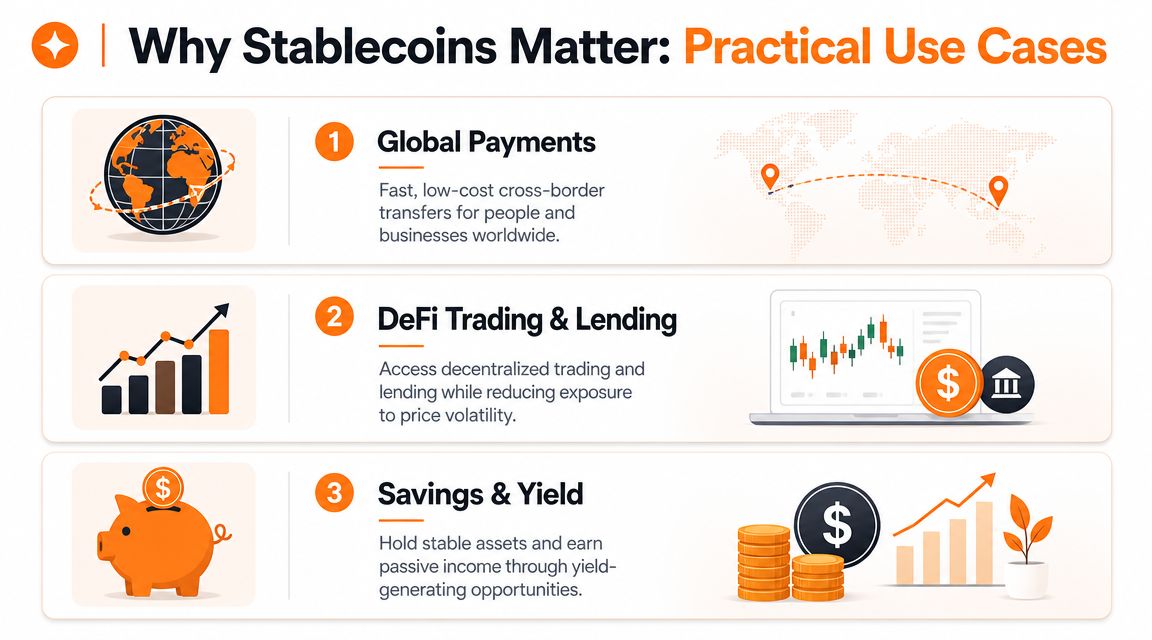 An infographic titled Why Stablecoins Matter showcasing three practical use cases: global payments, DeFi trading and lending, and savings.