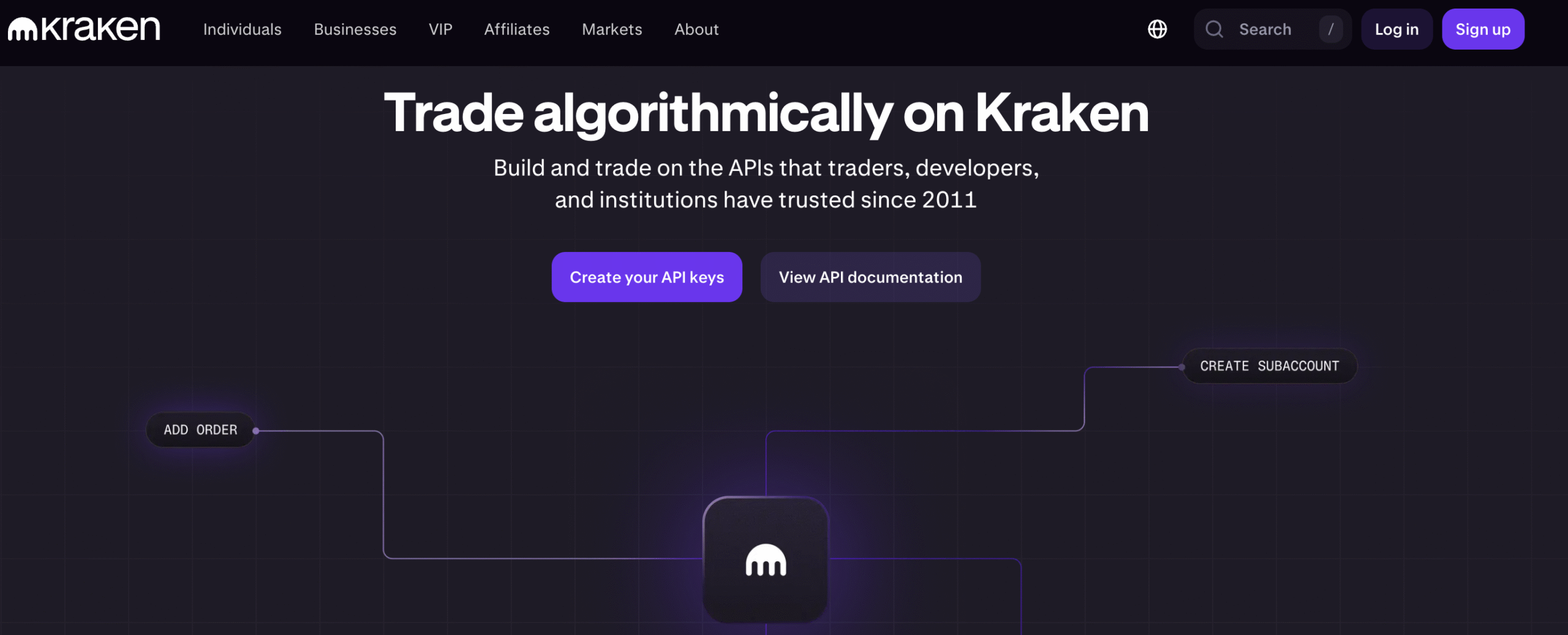 Kraken API institutional page screenshot