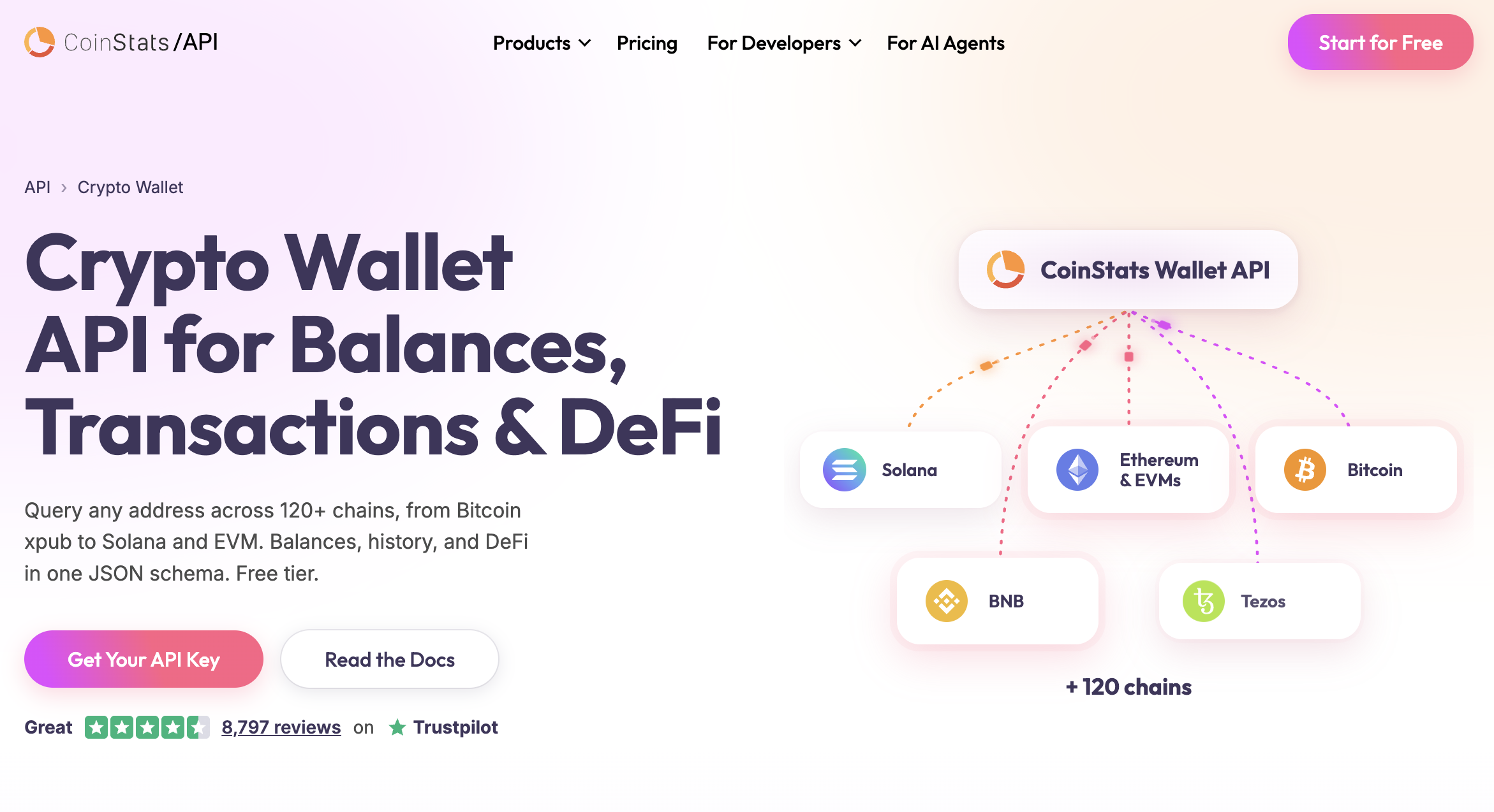 CoinStats Wallet API overview — 120+ blockchains, 200+ exchanges, 10,000+ DeFi protocols, MCP-ready