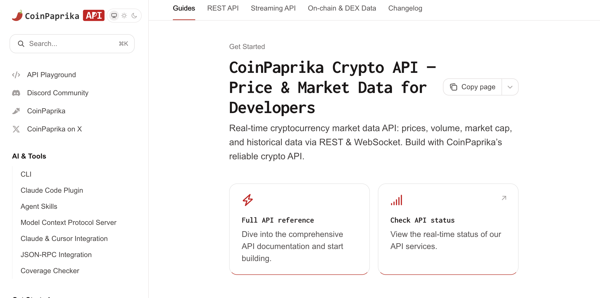 Coinpaprika crypto market data API homepage