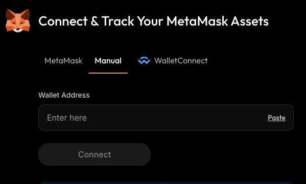CoinStats Manual tab with the Wallet Address field for adding a MetaMask address