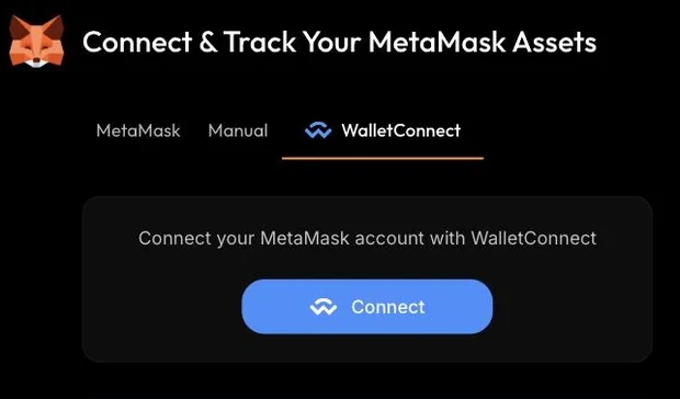 CoinStats WalletConnect tab with the Connect button for linking MetaMask