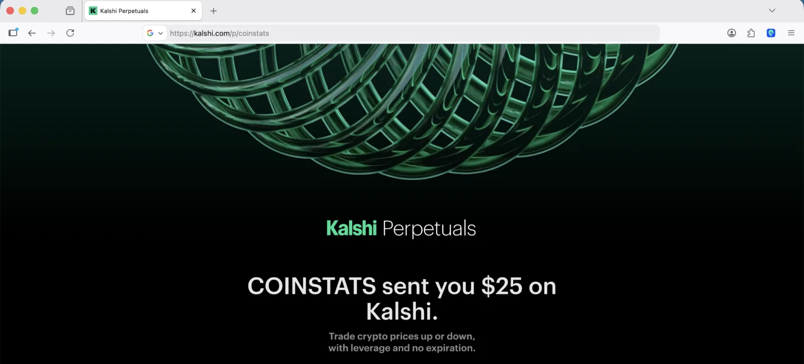 Kalshi promo code COINSTATS landing page at kalshi.com/p/coinstats showing COINSTATS sent you $25 on Kalshi
