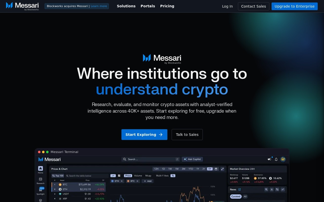 Messari API website with crypto research, news, token unlocks, and fundraising data