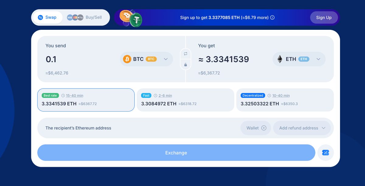 SimpleSwap swap interface showing a BTC to ETH exchange with rate options