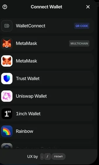 WalletConnect Connect Wallet window listing WalletConnect, MetaMask, Trust Wallet and other options