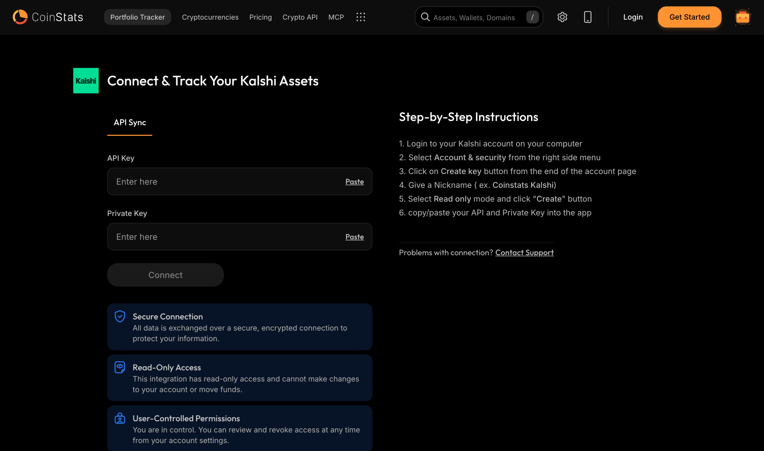 The Connect and Track Your Kalshi Assets page on CoinStats with API Key and Private Key fields, a Connect button, read only access notes and step by step instructions for creating a read only Kalshi key
