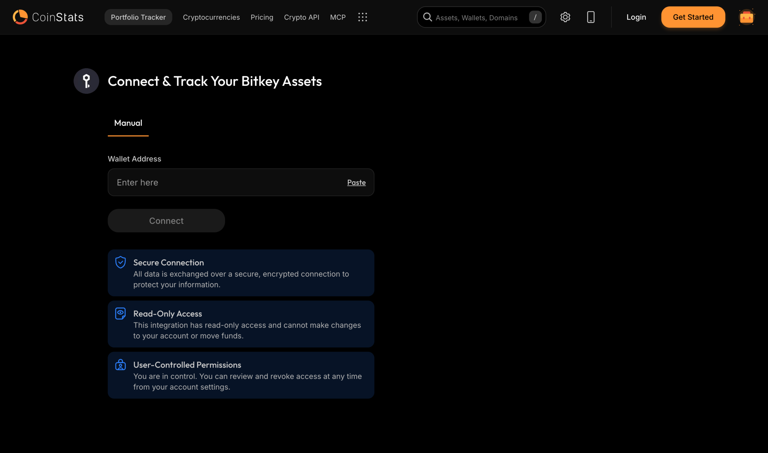 The Connect and Track Your Bitkey Assets page on CoinStats with a wallet field, a Connect button and notes about secure, read only access